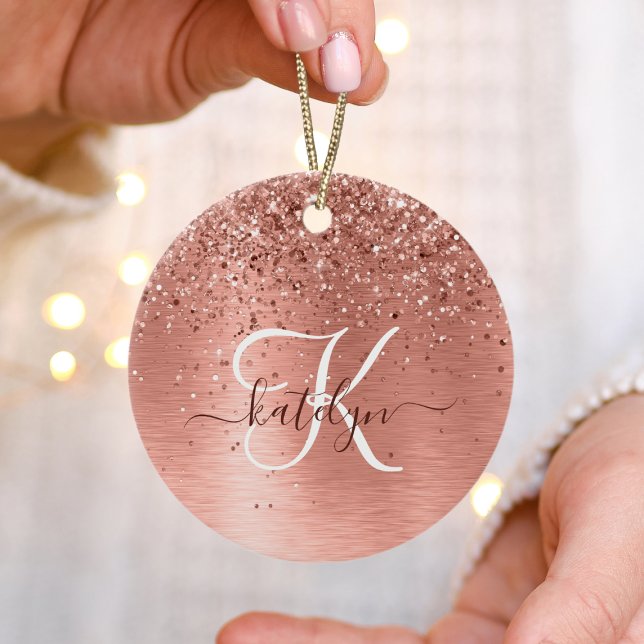 Ro Guld Brushed Metall Glitter Monogram Namn Julgransprydnad Keramik (Skapare uppladdad)
