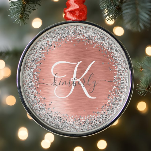 Ro Guld Brushed Metall Glitter Monogram Namn Julgransprydnad Metall (Skapare uppladdad)