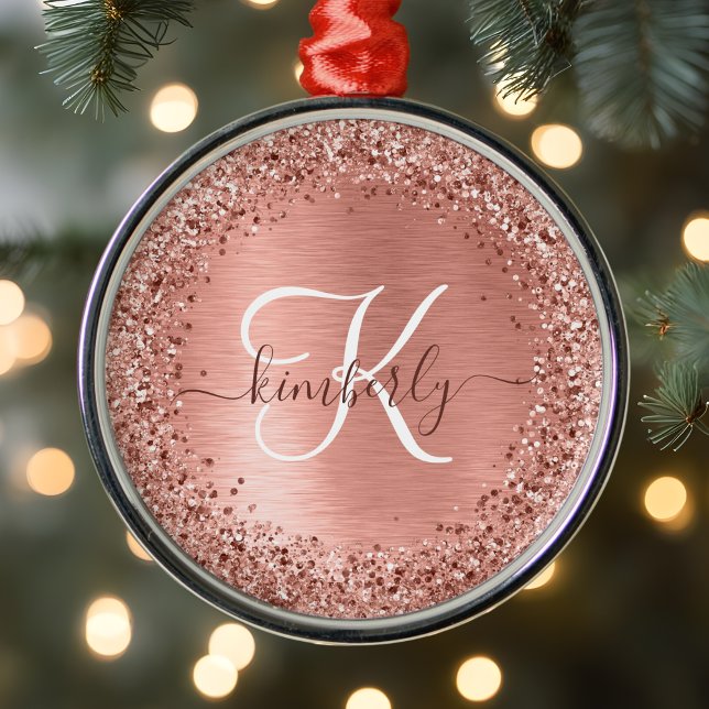 Ro Guld Brushed Metall Glitter Monogram Namn Julgransprydnad Metall (Skapare uppladdad)
