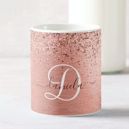 Ro Guld Brushed Metall Glitter Monogram Namn Kaffemugg