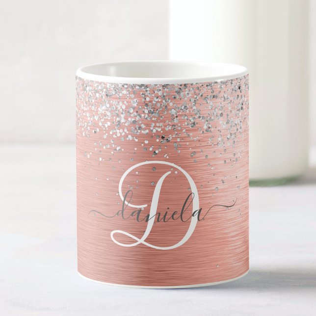 Ro Guld Brushed Metall Glitter Monogram Namn Kaffemugg (Skapare uppladdad)