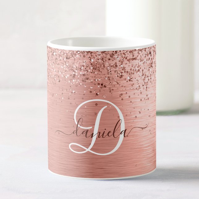 Ro Guld Brushed Metall Glitter Monogram Namn Kaffemugg (Skapare uppladdad)