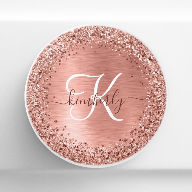 Ro Guld Brushed Metall Glitter Monogram Namn Knopp (Skapare uppladdad)