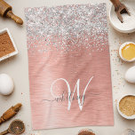 Ro Guld Brushed Metall Glitter Monogram Namn Kökshandduk<br><div class="desc">Kökshanddukar för chic av trendig som har söt silver mousserande glitter på en borstad metallbakgrund från ro guld.</div>
