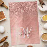 Ro Guld Brushed Metall Glitter Monogram Namn Kökshandduk<br><div class="desc">Kökshanddukar för chic av trendig som har söt ro guld mousserande glitter på en borstad metallbakgrund från ro guld.</div>