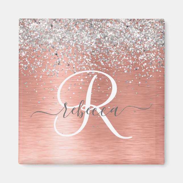 Ro Guld Brushed Metall Glitter Monogram Namn Magnet (Framsidan)