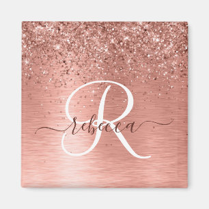 Ro Guld Brushed Metall Glitter Monogram Namn Magnet