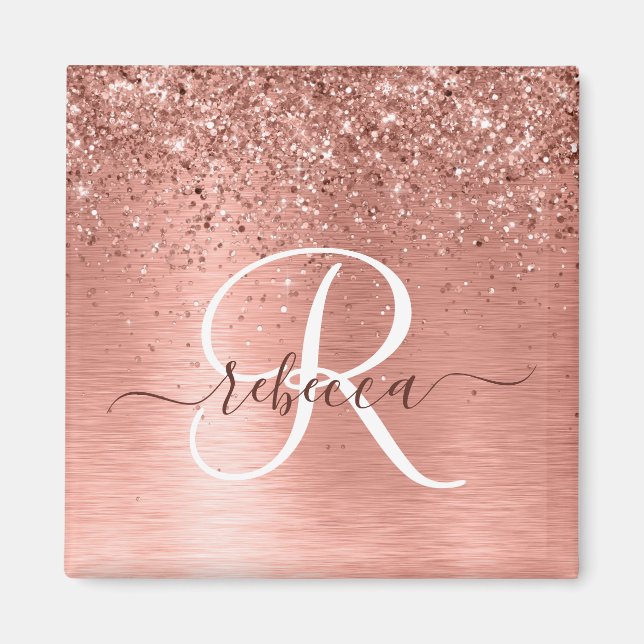 Ro Guld Brushed Metall Glitter Monogram Namn Magnet (Framsidan)