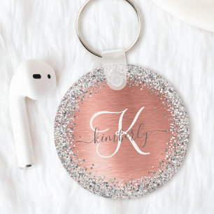 Ro Guld Brushed Metall Glitter Monogram Namn Nyckelring