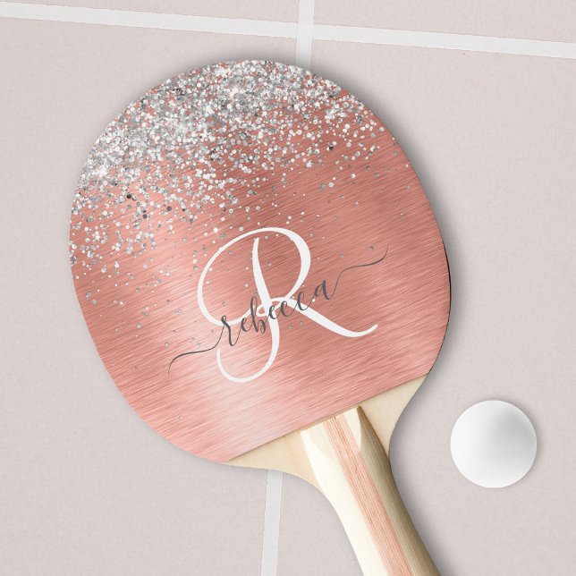 Ro Guld Brushed Metall Glitter Monogram Namn Pingisracket (Skapare uppladdad)