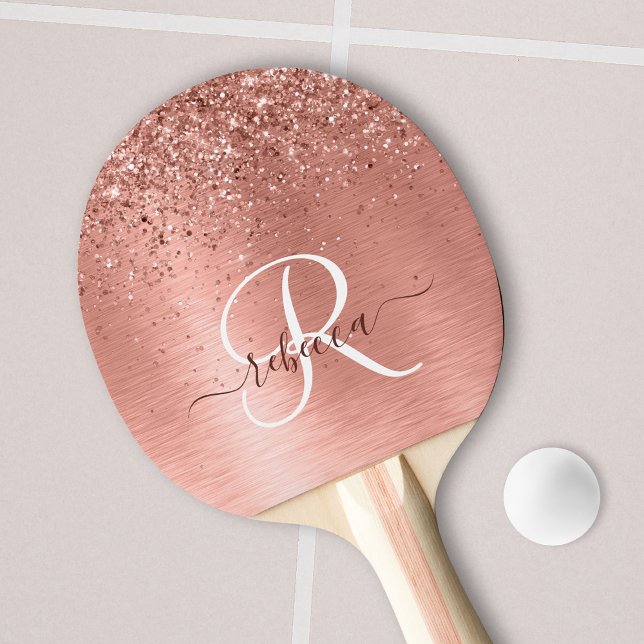 Ro Guld Brushed Metall Glitter Monogram Namn Pingisracket (Skapare uppladdad)
