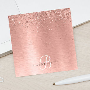 Ro Guld Brushed Metall Glitter Monogram Namn Post-it Block
