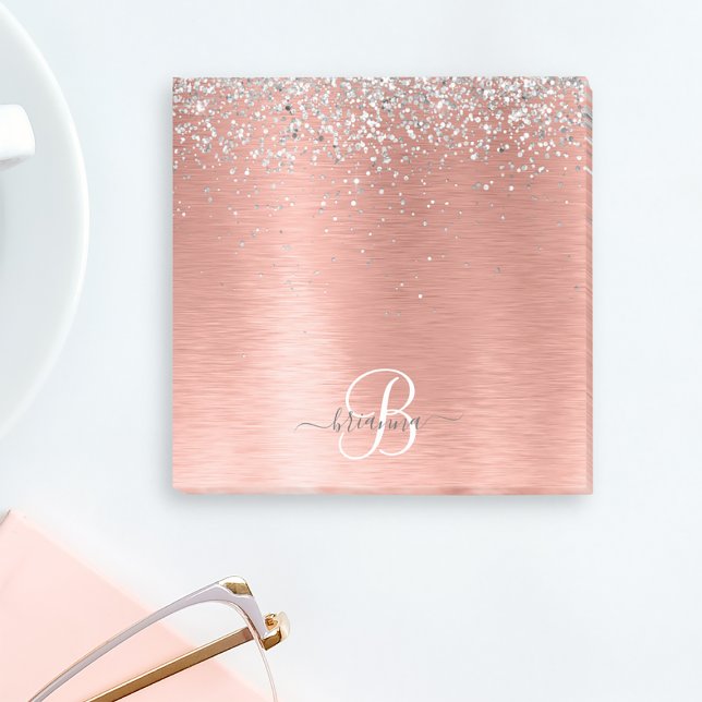 Ro Guld Brushed Metall Glitter Monogram Namn Post-it Block (Skapare uppladdad)