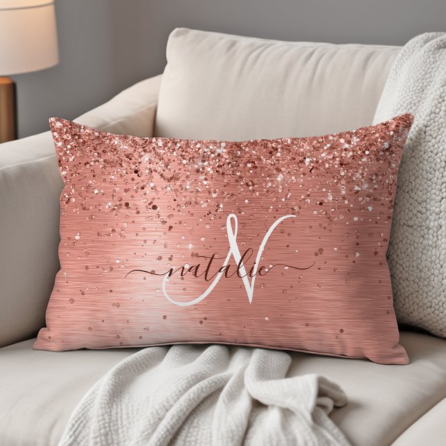 Ro Guld Brushed Metall Glitter Monogram Namn Prydnadskudde (Skapare uppladdad)