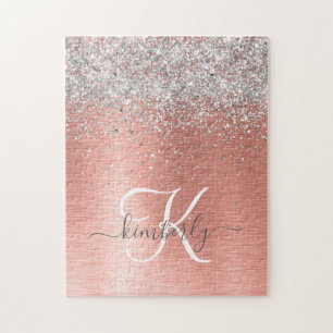 Ro Guld Brushed Metall Glitter Monogram Namn Pussel