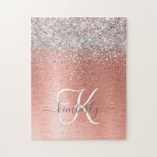 Ro Guld Brushed Metall Glitter Monogram Namn Pussel (Vertikal)
