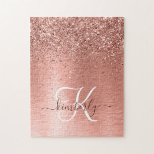 Ro Guld Brushed Metall Glitter Monogram Namn Pussel