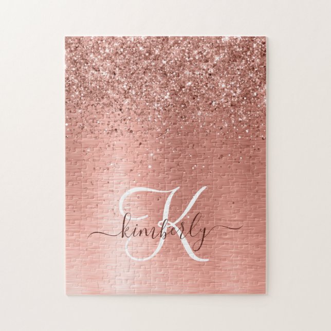 Ro Guld Brushed Metall Glitter Monogram Namn Pussel (Vertikal)