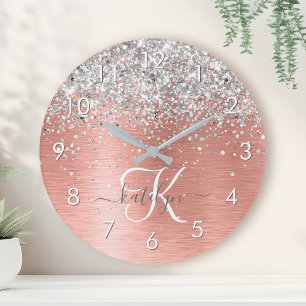 Ro Guld Brushed Metall Glitter Monogram Namn Rund Klocka