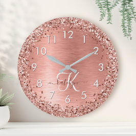Ro Guld Brushed Metall Glitter Monogram Namn Rund Klocka