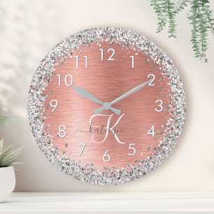 Ro Guld Brushed Metall Glitter Monogram Namn Rund Klocka
