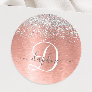 Ro Guld Brushed Metall Glitter Monogram Namn Runt Klistermärke