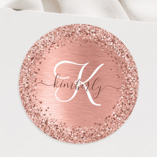 Ro Guld Brushed Metall Glitter Monogram Namn Runt Klistermärke