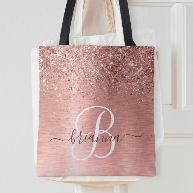 Ro Guld Brushed Metall Glitter Monogram Namn Tote Tygkasse (Skapare uppladdad)