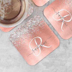 Ro Guld Brushed Metall Glitter Monogram Namn Underlägg Papper Kvadrat