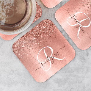 Ro Guld Brushed Metall Glitter Monogram Namn Underlägg Papper Kvadrat