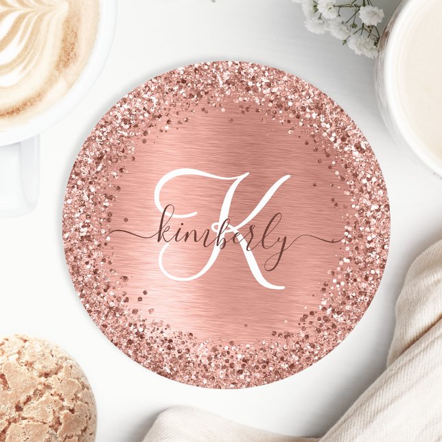 Ro Guld Brushed Metall Glitter Monogram Namn Underlägg Papper Rund (Skapare uppladdad)