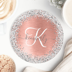 Ro Guld Brushed Metall Glitter Monogram Namn Underlägg Papper Rund