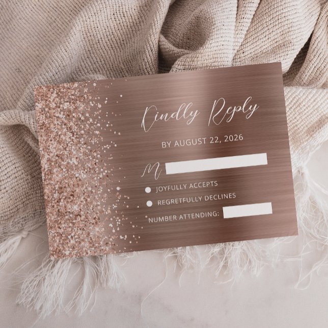 Ro Guld Brushed Metall Glitter Skript Bröllop OSA Kort (Skapare uppladdad)