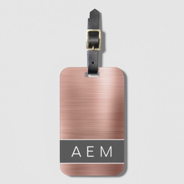 Ro Guld Brushed Metall Monogram Namn och Initial Bagagebricka (Framsida vertikal)