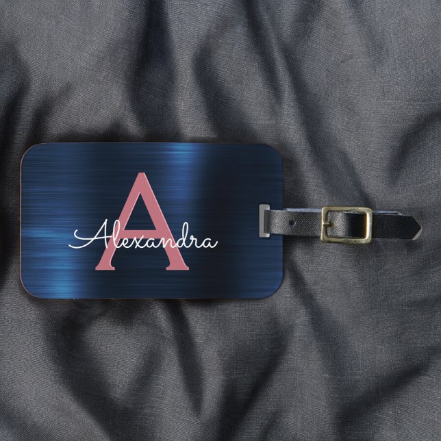 Ro Guld Brushed Metall Monogram Namn och Initial Bagagebricka (Skapare uppladdad)