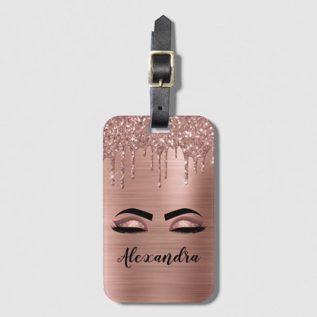 Ro Guld Brushed Metall Monogram Namn och Initial Bagagebricka (Framsida vertikal)