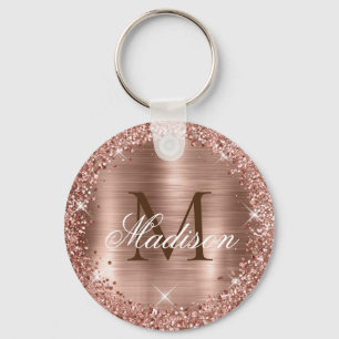 Ro Guld Brushed Metall Ro Guld Glitter Monogram fö Nyckelring
