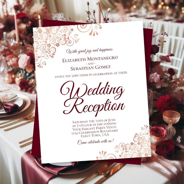 Ro Guld Burgundy Bröllopsmottagningsbudget Inbjuda (Front - Burgundy text with rose gold accents, Back - solid burgundy)