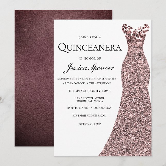 Ro Guld Burgundy Dress Quinceanera Inbjudan (Fram/baksida)