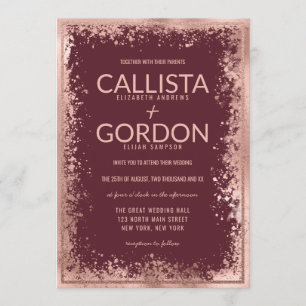 Ro Guld Burgundy Splatter Glitter Gräns Bröllop Inbjudningar