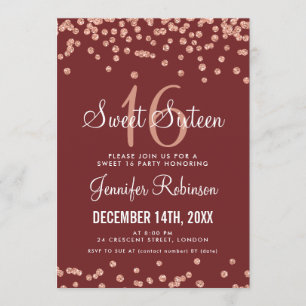 Ro Guld Burgundy Sweet 16 Glitter confetti Inbjudningar