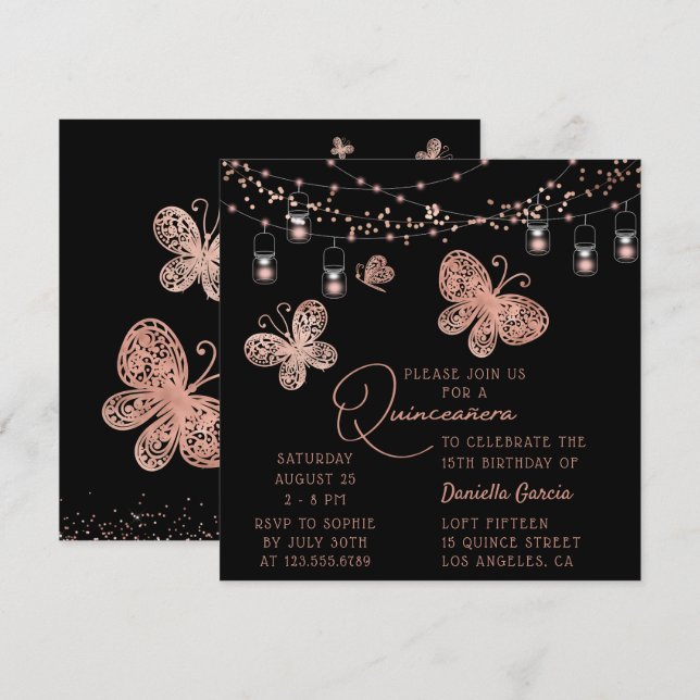 Ro Guld Butterfly Chic Modern Quinceañera Inbjudningar (Fram/baksida)