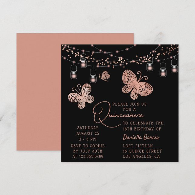 Ro Guld Butterfly Chic Modern Quinceañera Inbjudningar (Fram/baksida)
