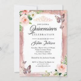 Ro Guld Butterfly Gnistra Blommigt Quinceanera Inbjudningar