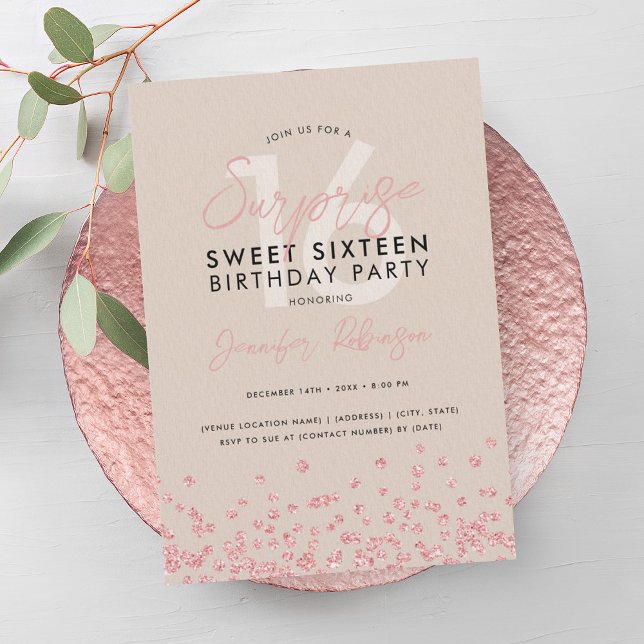 Ro Guld Champagne Glitter Surprise Sweet 16 Inbjudningar (Rose Gold Champagne Glitter Surprise Sweet 16 Invitation)