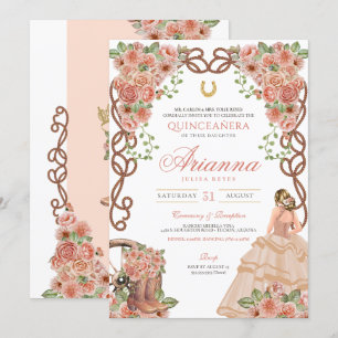Ro Guld Charra Western Stil Blommigt Quinceañera Inbjudningar