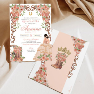 Ro Guld Charra Western Stil Blommigt Quinceañera Inbjudningar