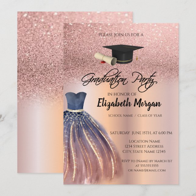 Ro Guld Chic Dress Grad Cap Studenten Inbjudningar (Fram/baksida)