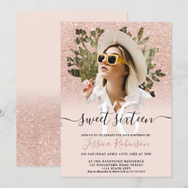 Ro guld chic glitter ombre-blommigt Sweet 16 Inbjudningar