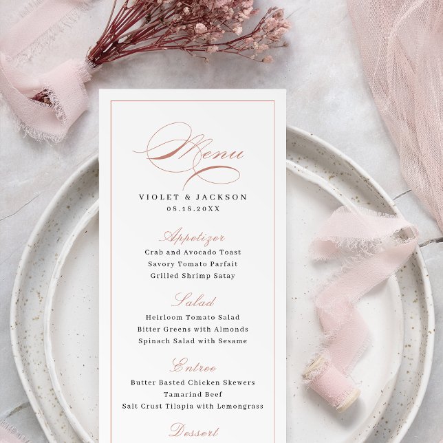 Ro Guld Classic Elegance Script Simple Bröllop Meny (Rose Gold Classic Elegance Script Simple Wedding Menu)